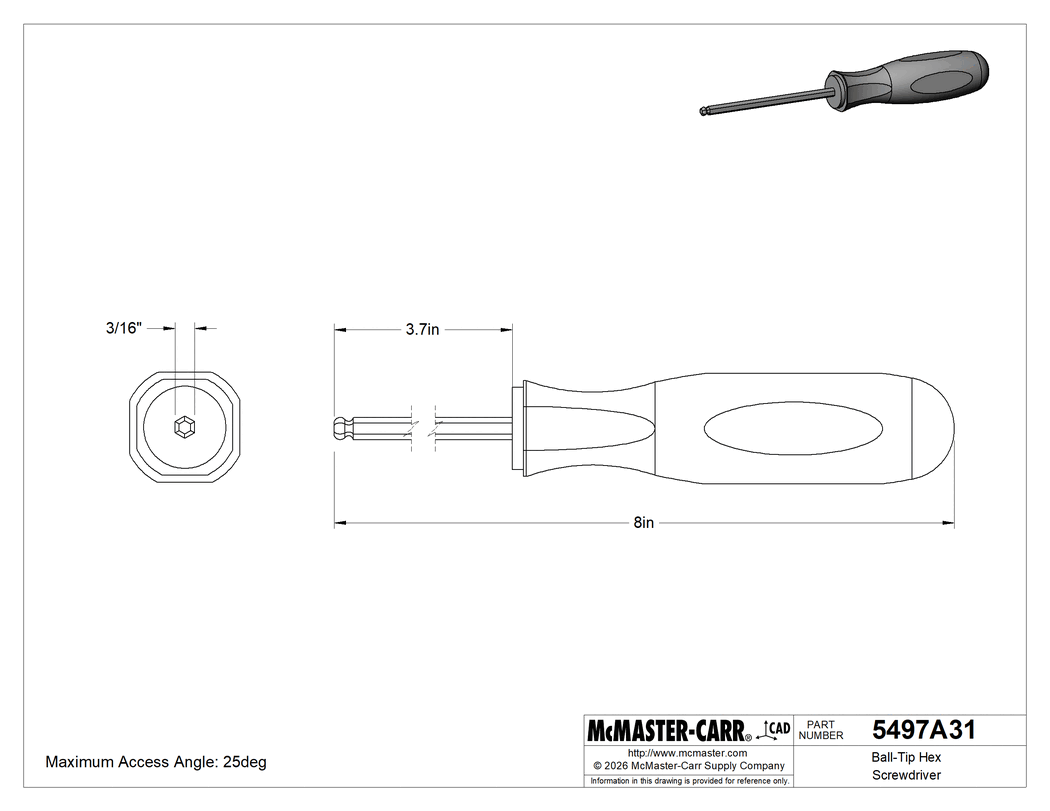 Technical Drawing of Ball-Tip Hex Screwdriver, 3/16" Drive Size, 8" Overall Length.